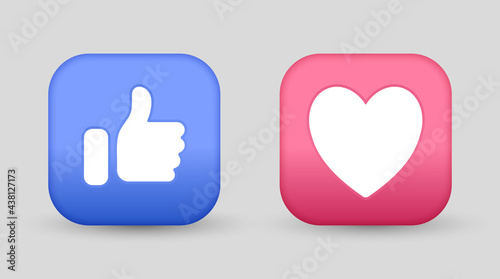 like and love icon,Thumb up and heart button in 3d rectangle - social media notification icons - reactions