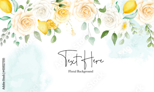 beautiful watercolor floral and leaves with botanical lemon fruit banner background