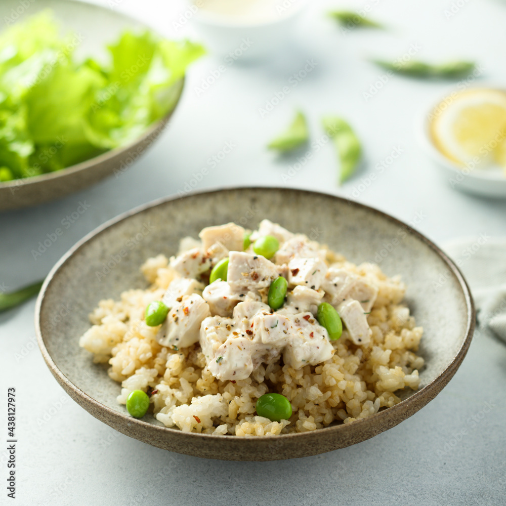 Healthy quinoa bowl with chicken and edamame beans Healthy quinoa bowl with chicken and edamame beans