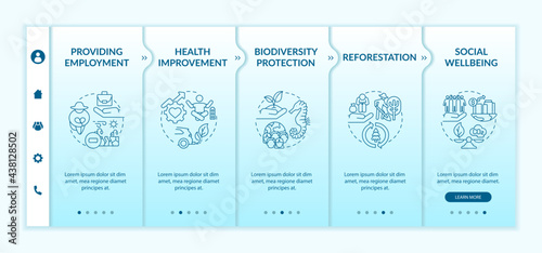 Carbon offsetting advantages onboarding vector template. Responsive mobile website with icons. Web page walkthrough 5 step screens. Providing employment color concept with linear illustrations