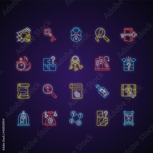 Escape room neon light icons set. Challenge for logic skills. Solving puzzles, clues for riddles. Mystery quest. Isolated vector illustrations. Solving puzzles simple filled line drawings collection