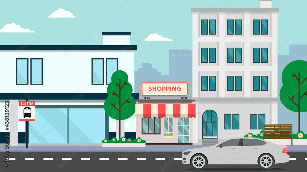 Flat Building Shopping Street  with car.Vector illustration.Cityscape and public park.Shop facade on road with car.Modern store buildings .Business street and bus stop.