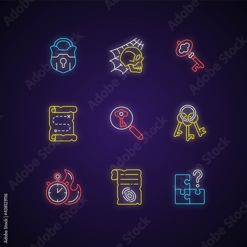 Quest neon light icons set. Search for missing piece. Keys for unlocking. Map for treasure. Part of mystery quest. Signs with outer glowing effect. Vector isolated RGB color illustrations