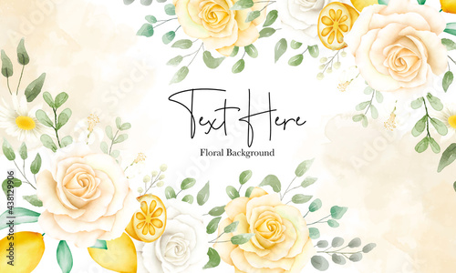 beautiful watercolor floral and leaves with botanical lemon fruit banner background