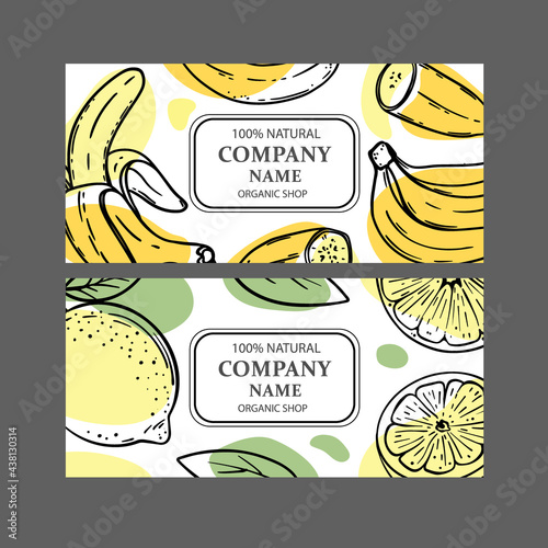 BANANA LEMON LABELS Design Of Stickers For Shop Of Organic Natural Fresh Fruits Vegetables And Dessert Drink Products In Sketch Style Vector Illustration Set