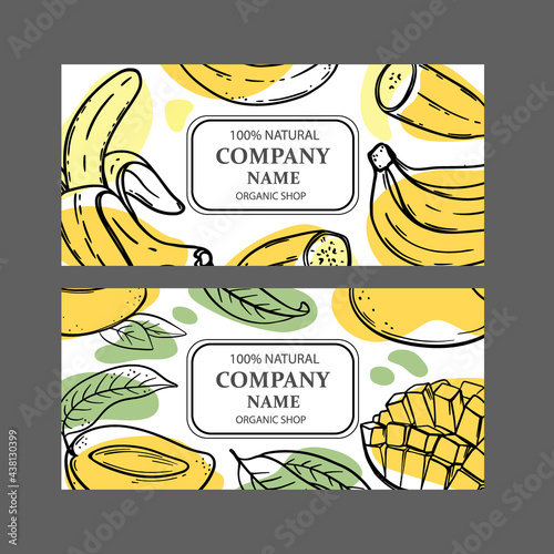 BANANA MANGO LABELS Design Of Stickers For Shop Of Organic Natural Fresh Fruits Vegetables And Dessert Drink Products In Sketch Style Vector Illustration Set