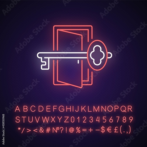 Finding key to get out neon light icon. Gain access to open door. Solve puzzle, clues for riddles. Outer glowing effect. Sign with alphabet, numbers and symbols. Vector isolated RGB color illustration