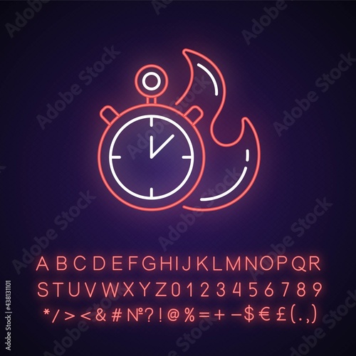 Time limit neon light icon. Fast procedure. Urgent task. Timer with alarm. Limited offer. Outer glowing effect. Sign with alphabet, numbers and symbols. Vector isolated RGB color illustration