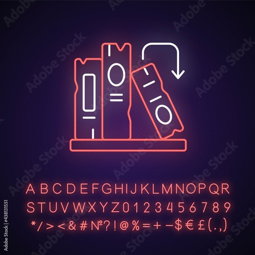 Book on shelf neon light icon. Search for information. Solving puzzles, clues for riddles. Outer glowing effect. Sign with alphabet, numbers and symbols. Vector isolated RGB color illustration