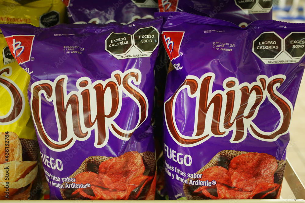 Flaming hot chips spicy Mexican Barcel brand with calorie labels
