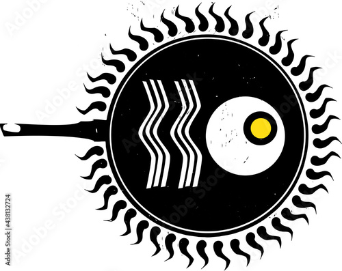 Woodcut Frying Eggs and bacon in a pan