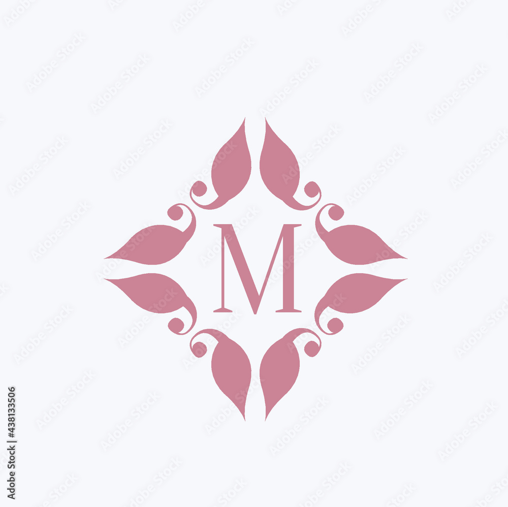 Letter M logo.Typographic icon.Uppercase lettering sign isolated on light background.Decorative floral frame.Alphabet initial.Elegant, feminine, luxury style.Ornate shape.