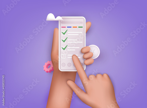 Hand holding mobile smart phone with сhecklist app. Successful completion of business tasks. 3D Web Vector Illustrations.