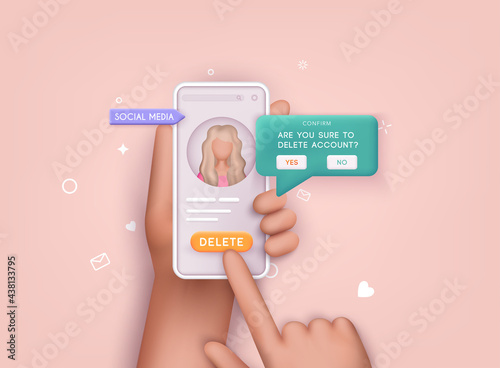 User deleting social account Concept of delete profile, account deactivation, remove data files or page. 3D Web Vector Illustrations.