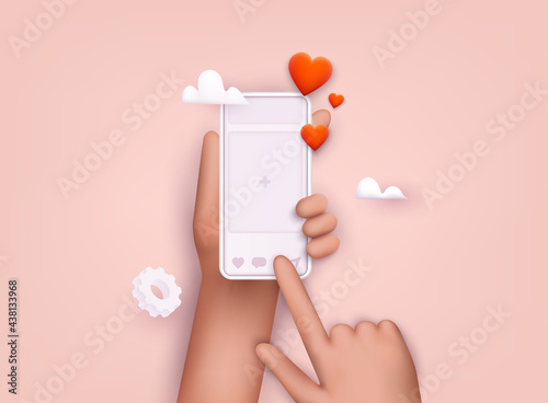 Hand holding mobile smart phone with social media app. Smartphone with interface post on social network. 3D Web Vector Illustrations.