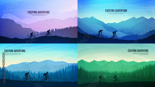 Vector landscapes set. Travel concept of discovering, exploring and observing nature. Hiking. Adventure tourism. People riding at mountain bike, climbing to the top. Extreme mountain biking background