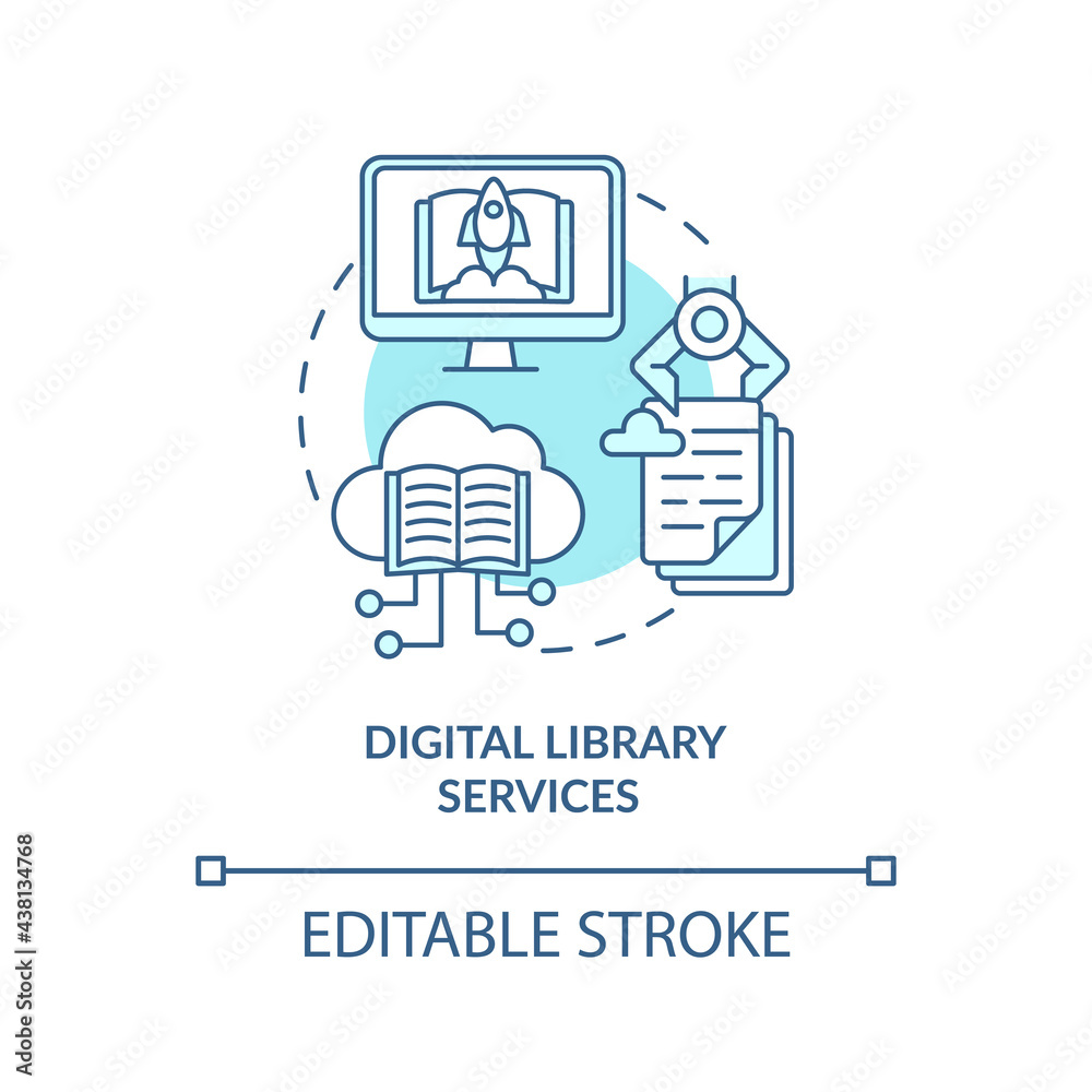 Digital library services concept icon. Community development abstract idea thin line illustration. Virtual library. Downloading e-books. Vector isolated outline color drawing. Editable stroke