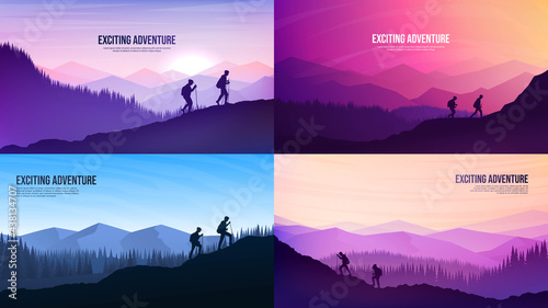 Vector landscapes set. Travel concept of discovering, exploring and observing nature. Hiking. Adventure trekking tourism background. People climbing to the top of the mountain. Group climbs on cliff