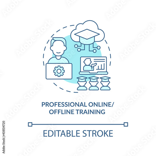 Professional online, offline training concept icon. Community development abstract idea thin line illustration. Actively involving students. Vector isolated outline color drawing. Editable stroke