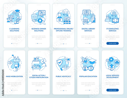 Society evolution onboarding mobile app page screen with concepts set. Social change walkthrough 5 steps graphic instructions. UI, UX, GUI vector template with linear color illustrations