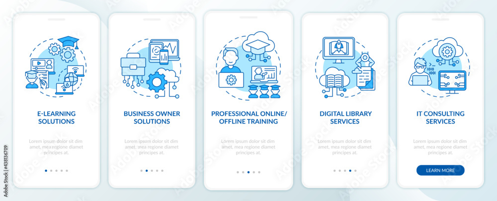 Society development projects onboarding mobile app page screen with concepts. E-learning solutions walkthrough 5 steps graphic instructions. UI, UX, GUI vector template with linear color illustrations Society development projects onboarding mobile app page screen with concepts. E-learning solutions walkthrough 5 steps graphic instructions. UI, UX, GUI vector template with linear color illustrations