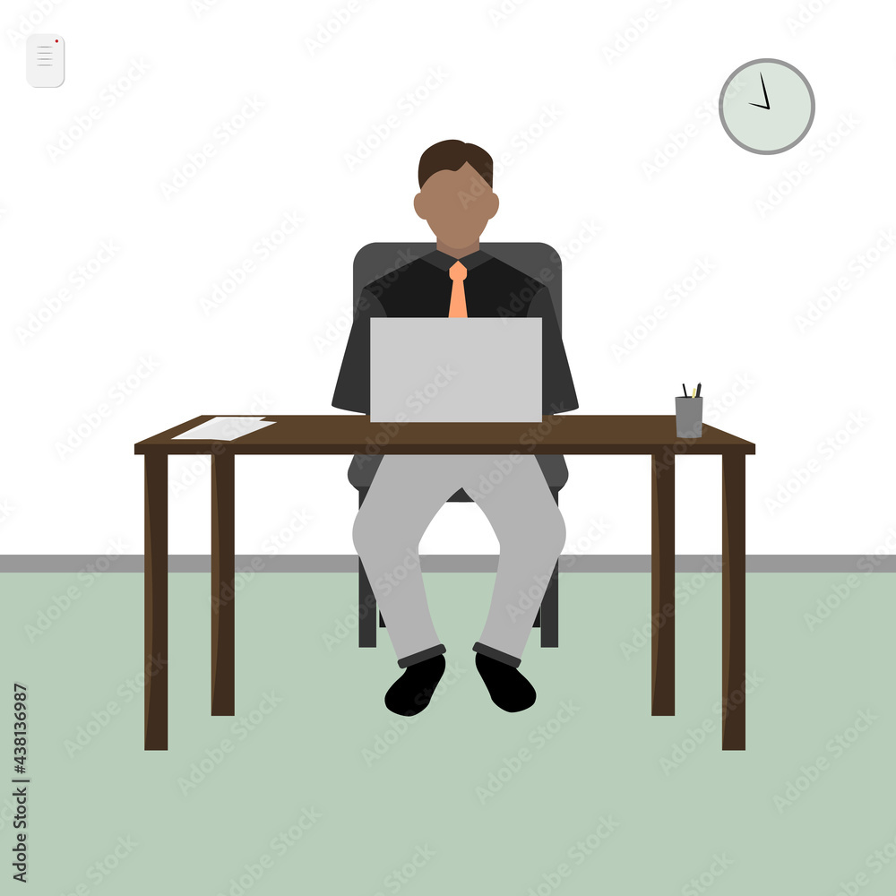 Man working on desktop, laptop at workplaces. Business concept. Office workshop. Vector illustration. Man working on desktop, laptop at workplaces. Business concept. Office workshop. Vector illustration.