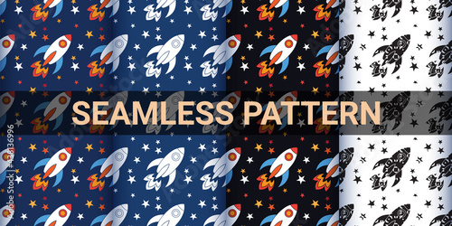 Cartoon rocket and star seamless vector pattern for background, fabric, and others isolated on black, white, blue background.