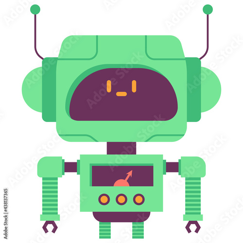 Funny green robot vector cartoon character isolated on background.