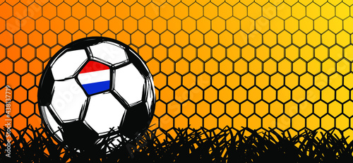 Goal net. Ball in goal net. Football with the flag of the Netherlands on orange soccer grass field. Vector orange background banner. Sport finale or school, sports game cup. Street ball games. 2021