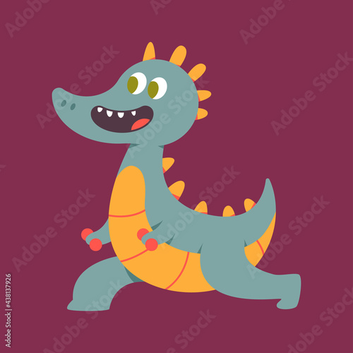Cute dinosaur with dumbbells vector cartoon character isolated on background.