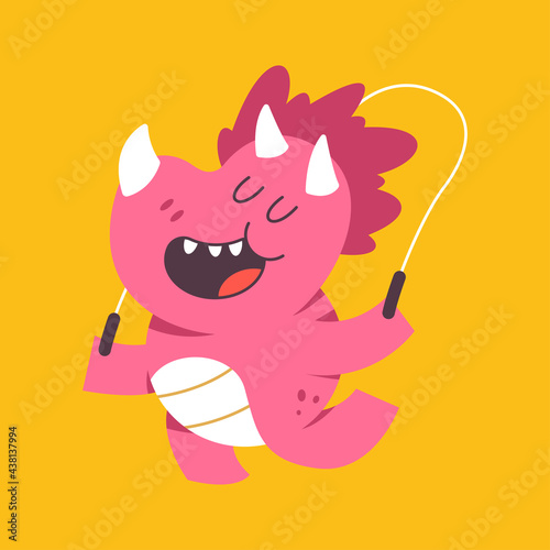 Cute dinosaur with jumping rope vector cartoon character isolated on background.