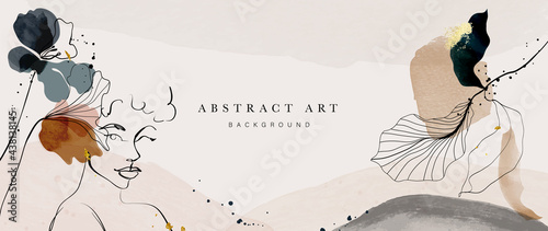 Abstract art botanical background vector . Luxury wallpaper design with women face, leaf, flower and tree  with earth tone watercolor and gold glitter. Minimal Design for text, packaging and prints.
