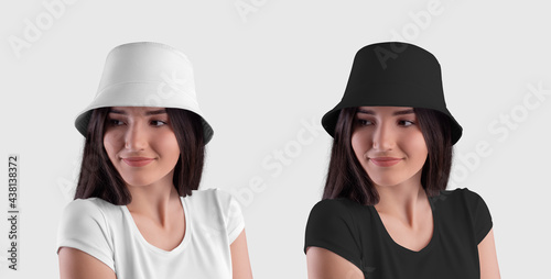 Mockup of a white, black panama hat on a young dark-haired girl, isolated on background. Set
