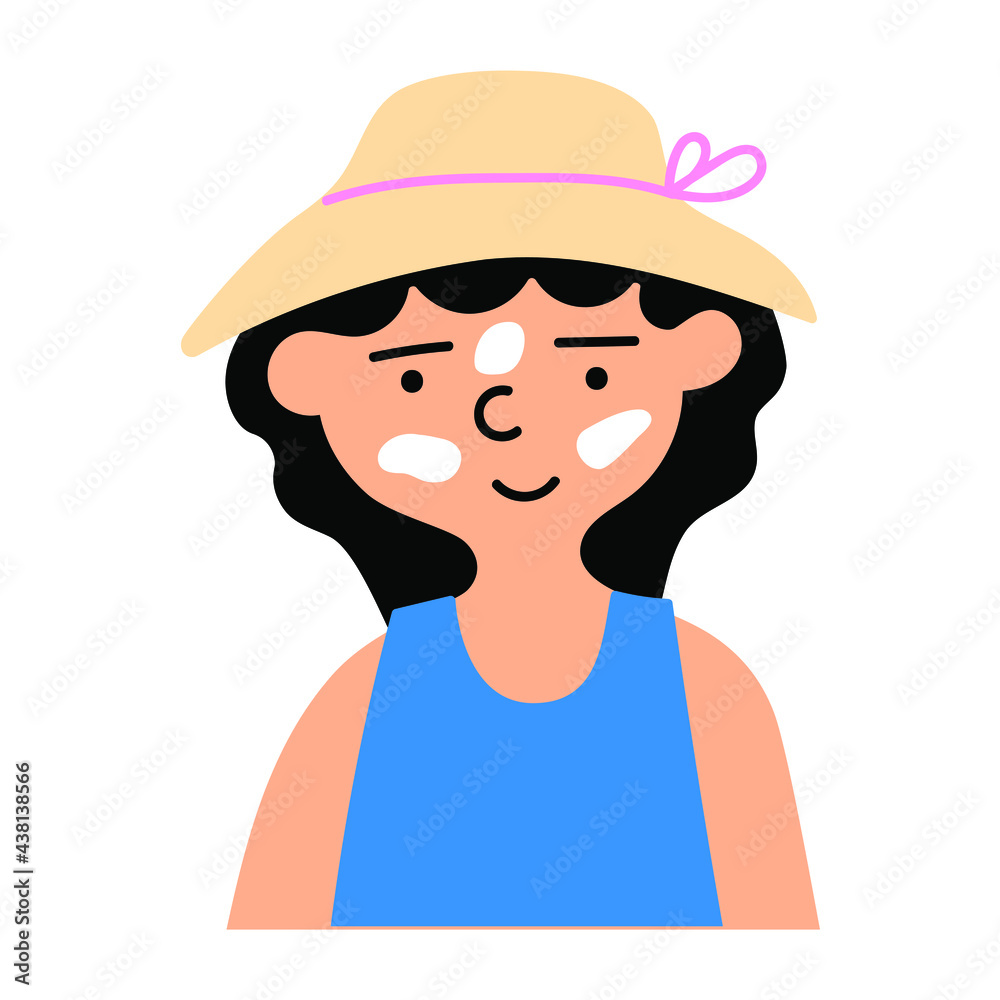 Little girl with sunscreen on her face. Protecting from sun. Illustration on white background.