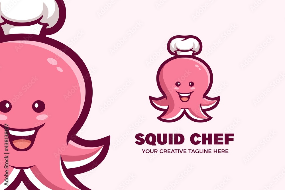 Fototapeta premium Cute Squid Chef Mascot Character Logo Template