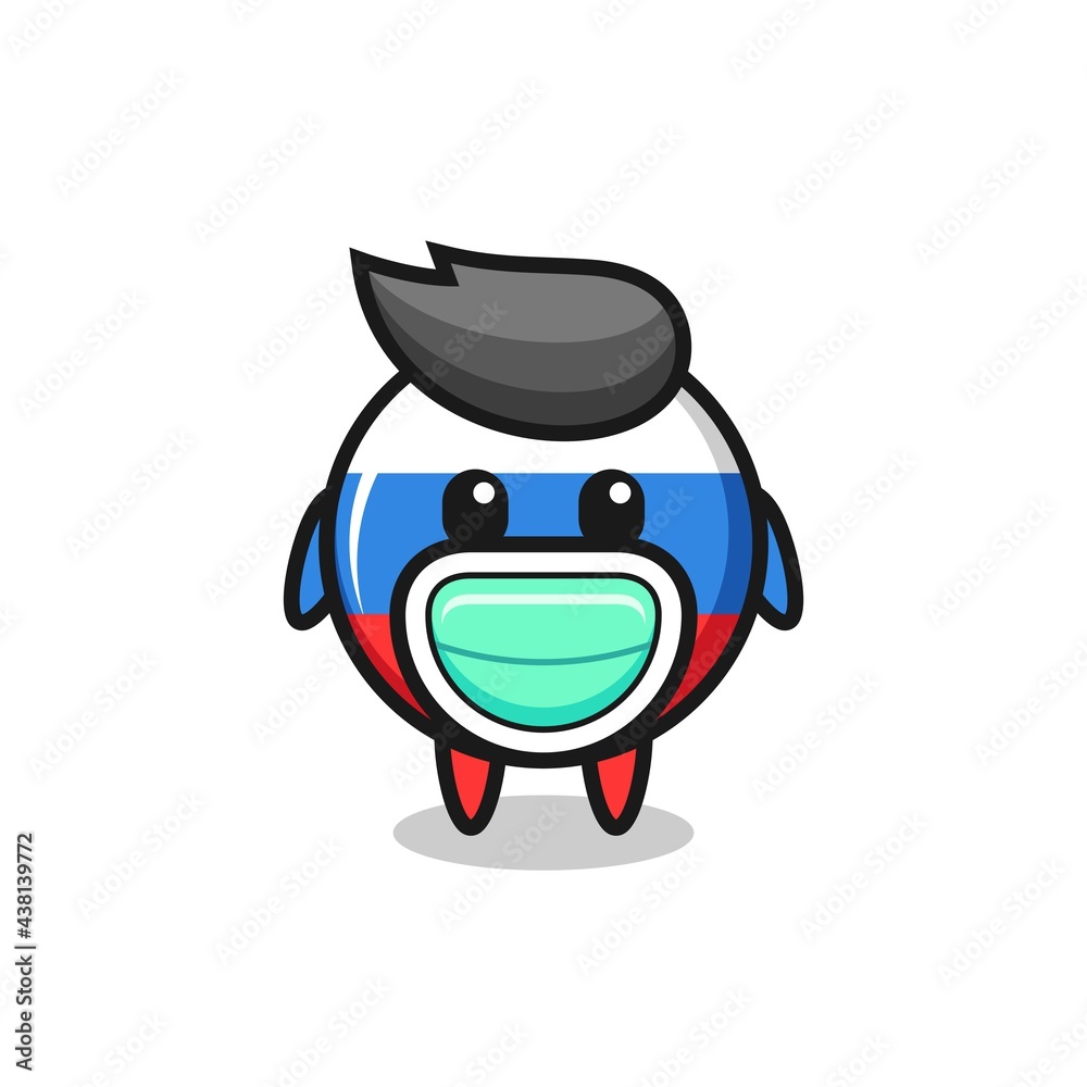 cute russia flag badge cartoon wearing a mask