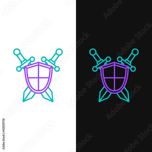 Line Medieval shield with crossed swords icon isolated on white and black background. Colorful outline concept. Vector