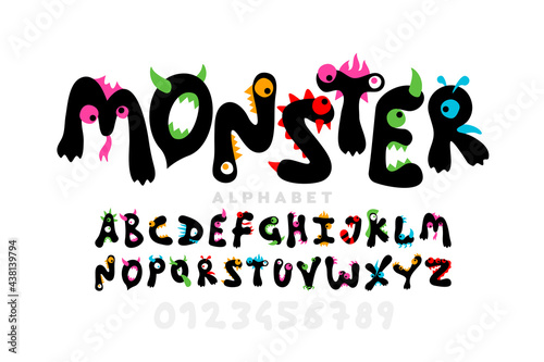 Monster cartoon style font design, childish colorful playful alphabet, letters and numbers