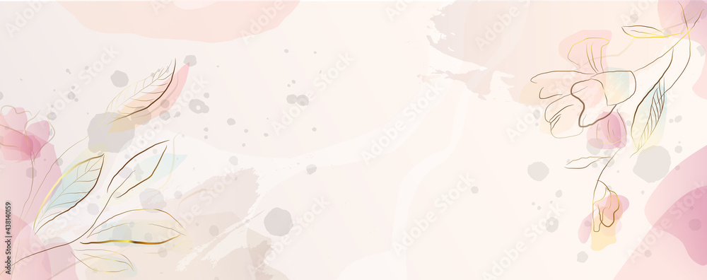Luxurious golden wallpaper. Pink background. Gold leaves wall art with shiny golden light texture. Modern art mural wallpaper with watercolor stains. Vector illustration.
