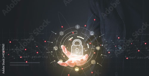 Data protection privacy and data protection concept. Businessman hold lock icon protecting data personal information. Information privacy internet technology.