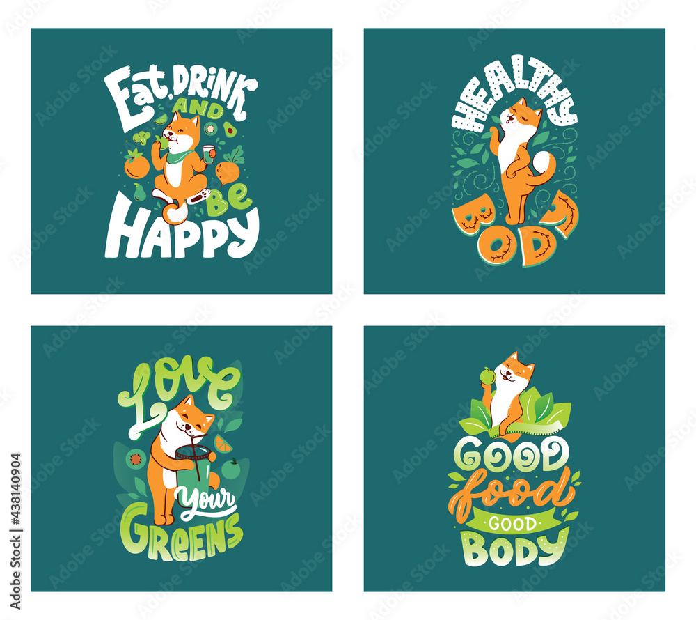 The green cards of dogs. The cartoonish animal is good for Healthy designs. The Akita with hand-drawn text about healthy body, love greens, good food. The vector illustration