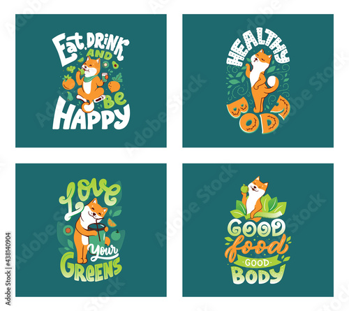 Fototapeta Naklejka Na Ścianę i Meble -  The green cards of dogs. The cartoonish animal is good for Healthy designs. The Akita with hand-drawn text about healthy body, love greens, good food. The vector illustration