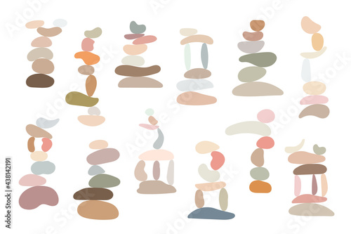 Zen stones set simple abstract vector illustration in flat style, relax, meditation and yoga concept, boho colors stone pyramid for making banners, posters, cards, prints, wall art