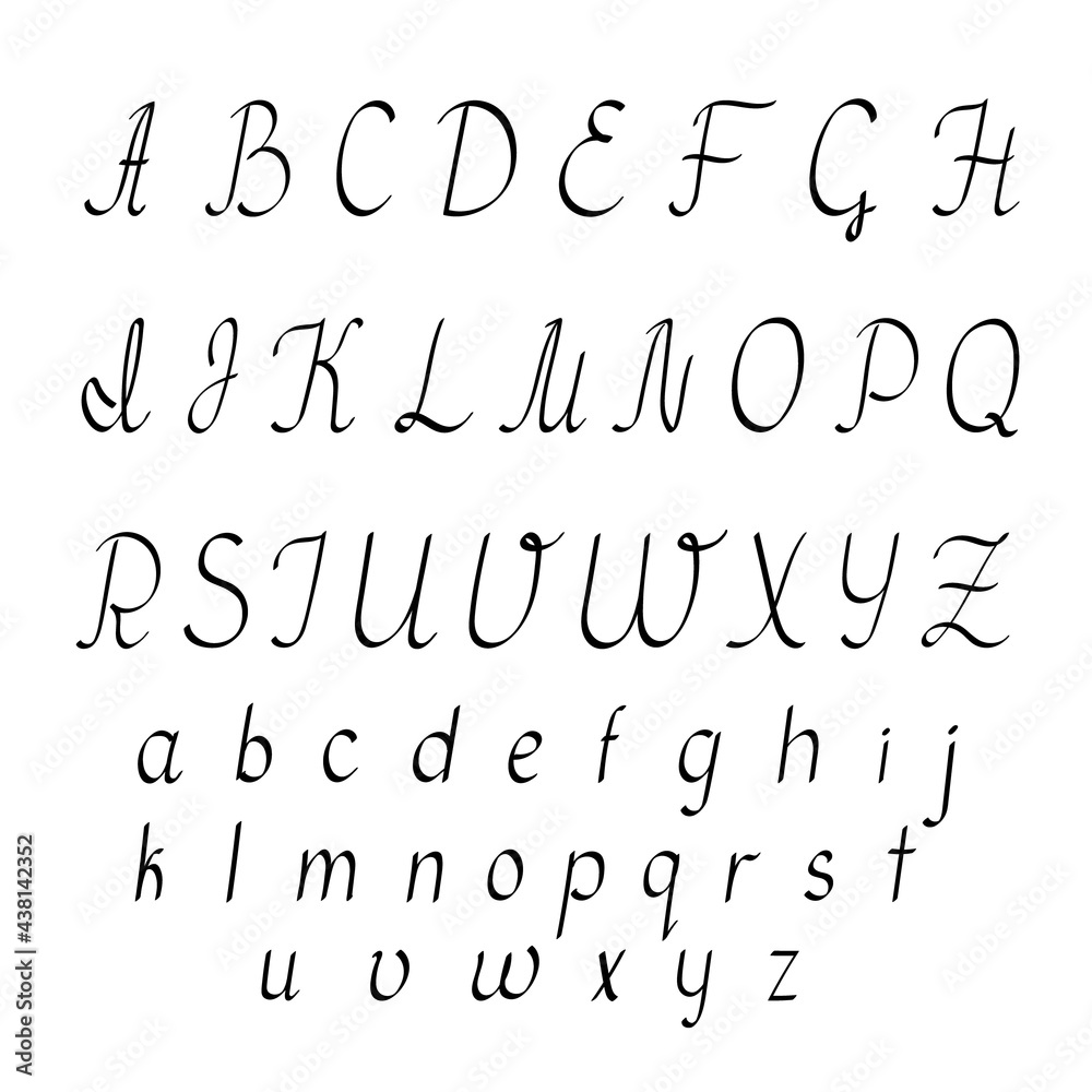 Obraz premium Small and capital hand drawn black letters of English alphabet in doodle style outline vector illustration, calligraphic abc, cute funny decorative handwriting, contour lined art lettering