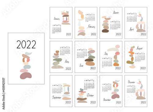 Calendar template year 2022 zen stones abstract vector boho illustration in simple minimalist style, relax, meditation, yoga concept, week starts on Sunday, vector printable page