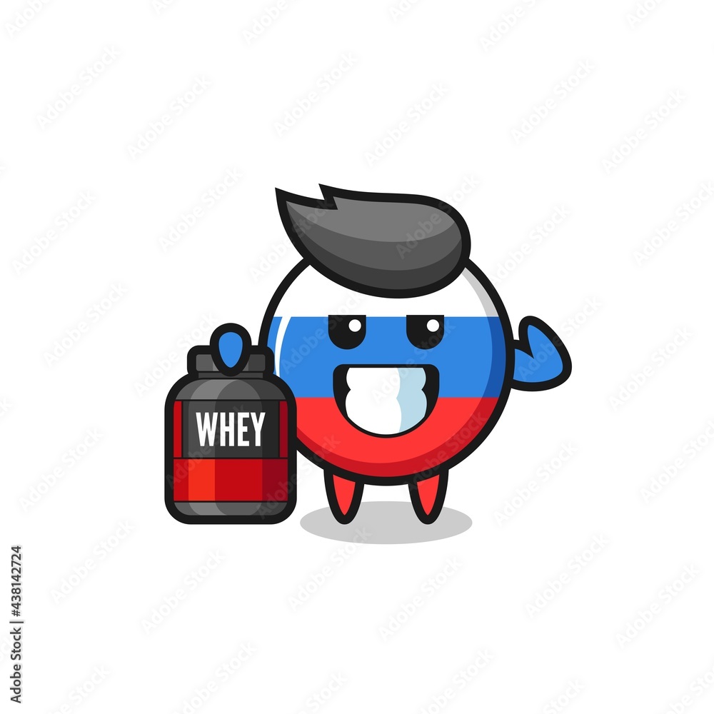 the muscular russia flag badge character is holding a protein supplement