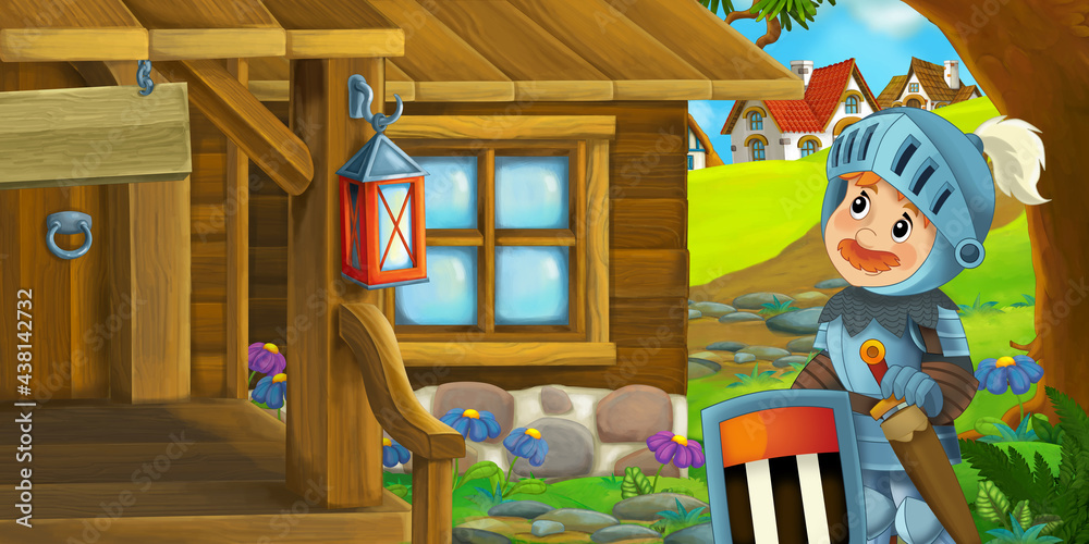 cartoon scene wooden house on farm ranch with knight cartoon scene wooden house on farm ranch with knight