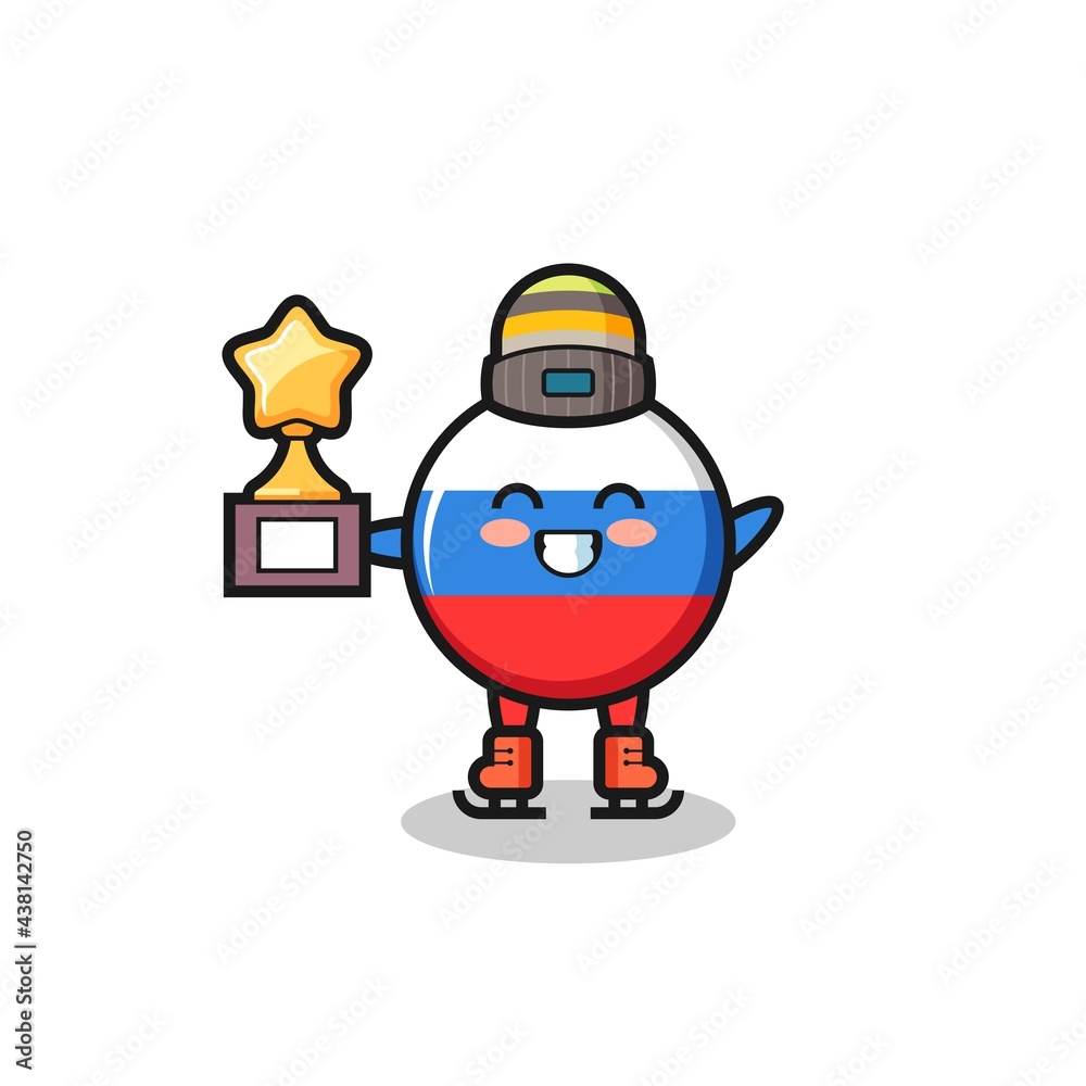russia flag badge cartoon as an ice skating player hold winner trophy