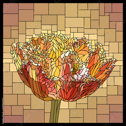 Vector square mosaic with blooming flower of red velvety tulip in stained glass window.
