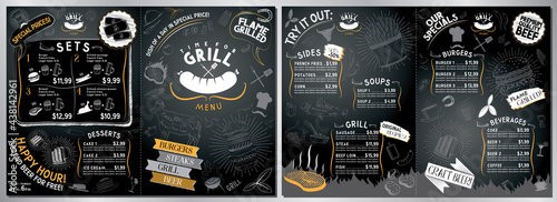 Grill, barbecue menu card - A3 to A4 size (burgers, grill, sides, soups, drinks, sets)